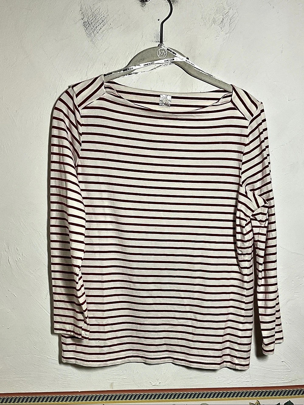 Anne Klein Red White Striped Boat Neck Top Size M 3/4 Sleeve Cotton Modal